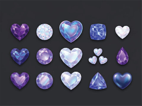 Collection of various purple and blue gemstones and hearts in different shapes and sizes  heart shaped jewels and sparkling crystals