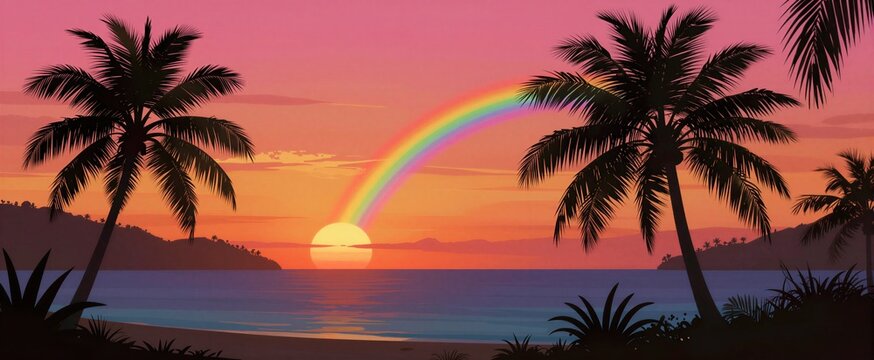 Portrays Picturesque Beach Scene Sunset With Vibrant Colors Dominating Sky Prominent Rainbow Arches Gracefully Across Horizon Spectrum Of Hues Ranging