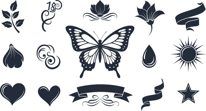 Butterfly Floral Icons Set with Ribbon Nature Symbols