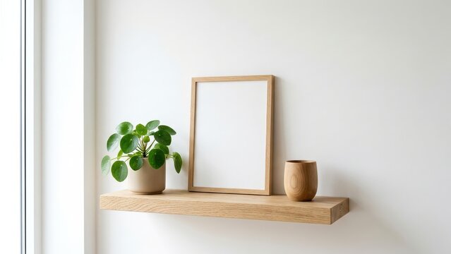 Elegant wooden floating shelf with green plant and blank frame on a bright white wall, perfect for minimalist home decor