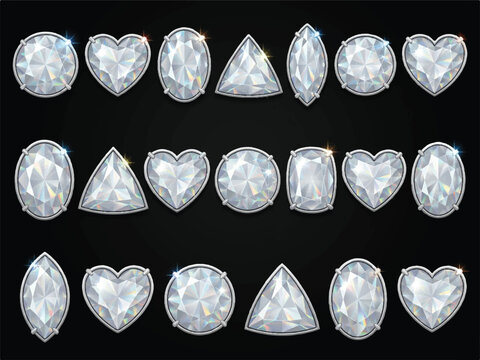 Collection of various sparkling diamond gemstones in different shapes and cuts  heart oval round pear teardrop brilliant faceted stones
