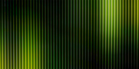 Abstract background displays dramatic vertical ribbed structures illuminated by a striking lime green gradient light source subtly fading into deep black darkness across the composition. © aril