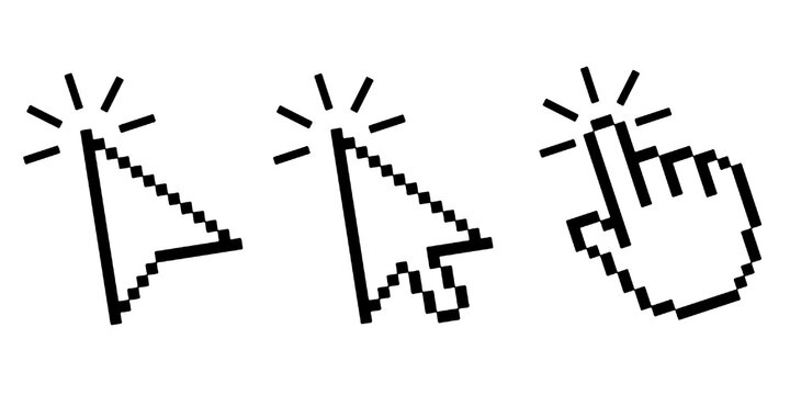 Pixel cursor pointer icons set. Computer mouse click arrow and hand. Pixel hand arrow logo vector isolated