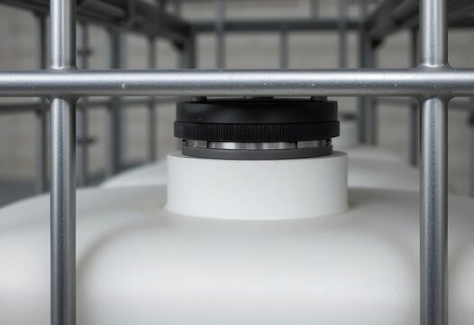 Close-up of modern industrial valve assembly on white cylindrical tank with metallic frame. ibc container