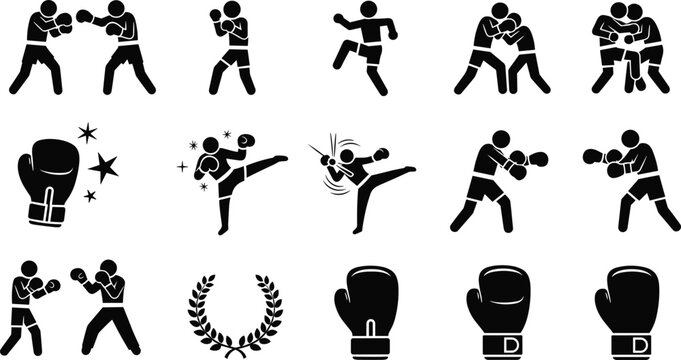 Boxing and Kickboxing Combat Sport Pictogram Vector Set with Fighters Gloves Laurel Wreath and Action Poses