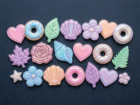 Colorful assorted sweet and nature shaped cookies including donuts flowers leaves hearts shells star on dark textured surface