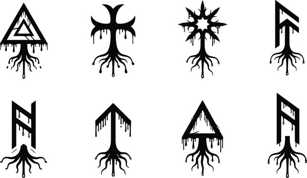 Dark Mystical Rune and Root Symbol Vector Set with Dripping Gothic Tribal Geometric Occult Sign Designs
