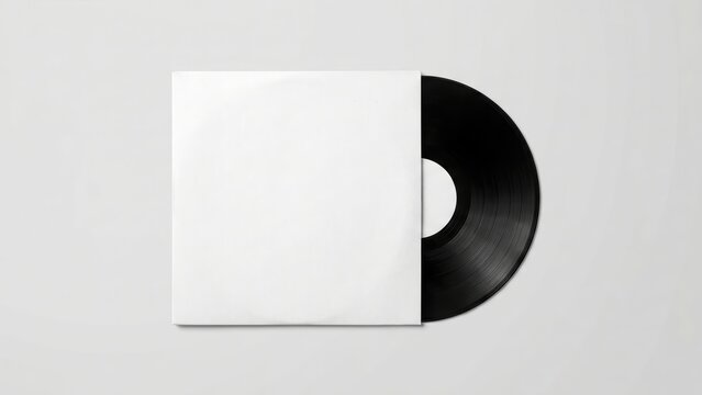 Classic black vinyl record partially revealed from its blank white paper sleeve, perfect for design mockups.