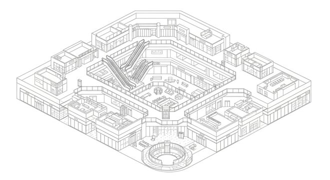 Isometric view of a shopping mall with escalators and shops displayed in outline