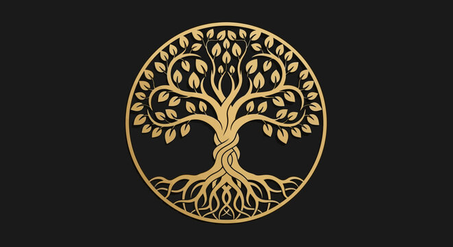 Luxury gold emblem of a stylized tree of life with intricate roots and branches