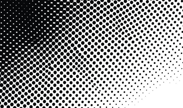 Diagonal Halftone Dot Vector Pattern with Bold Black Corner Fade and Dynamic Radial Gradient Transition