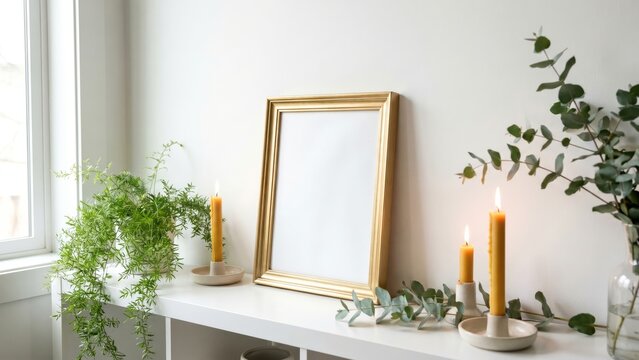 Elegant gold picture frame on minimalist white shelf with warm candles and natural green plants