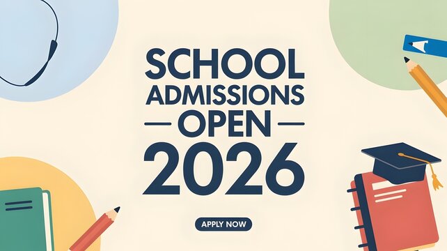 "School Admissions Open 2026" Horizontal Banner with Graduation Cap, Books, and Pencils