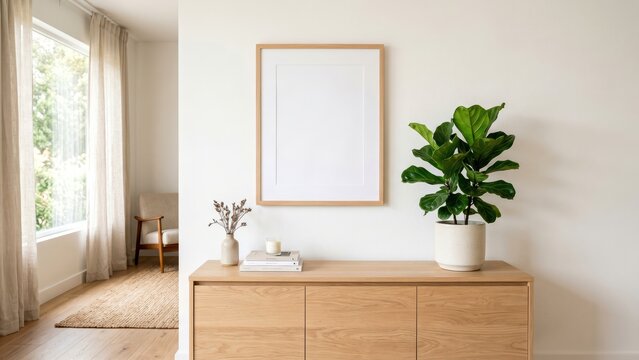 Bright minimalist living space with blank wood frame mockup, modern sideboard, and green plant