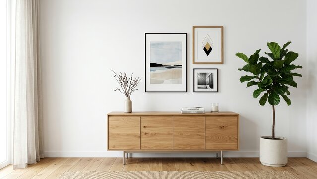 Stylish minimalist living space featuring a wooden console, framed artwork, and a lush fiddle leaf fig plant.