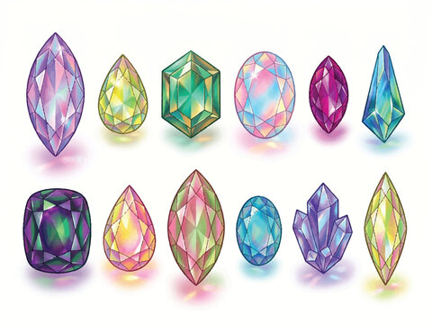 Colorful gemstones and crystals in various shapes and sizes on white background  gems