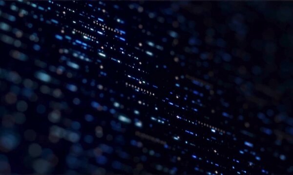 An abstract blue digital backdrop features a glowing binary code pattern and square glass textures to illustrate a modern technology design for business and science data