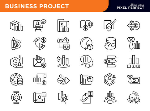 Business project line icons collection. Planning, startup, marketing, collaboration, vision, networking vector icon pack.