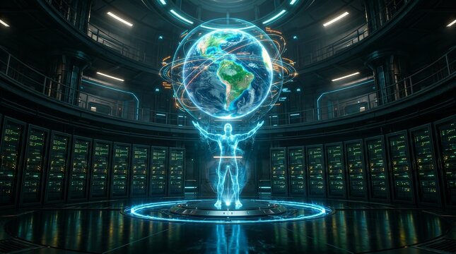 digital Earth glowing human figure stands beneath global information, showing a glowing digital titan supporting the world within a dark, sophisticated supercomputing facility.