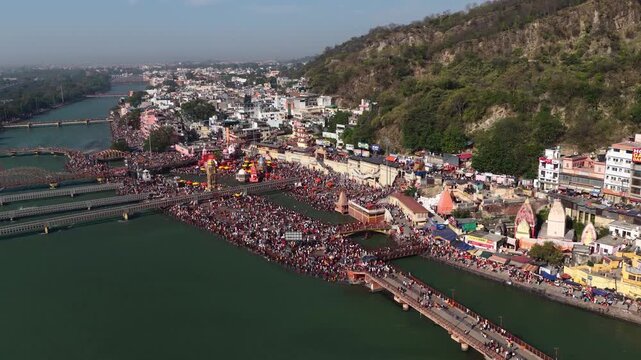 Drone view of haridwar har ki pauri with devotees crowd.