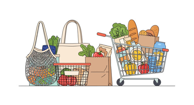 Grocery shopping and everyday food items neatly arranged in reusable bags and a shopping cart