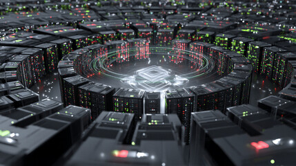 Obraz premium Top view data center server cluster security concept, black racks circular array around glowing quantum hub. Holographic shields red green contrast security threat. For tech monitoring background.