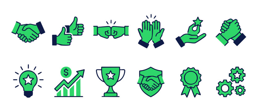 Business Success Icons Set, Professional Partnership and Growth Symbols, Vector Illustration of Handshake, Achievement, Strategy, Teamwork, Leadership, Quality Assurance, and Financial Progress Elemen