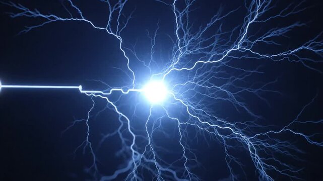 Striking electrical arcs emanating from a central bright point against a dark blue background, representing energy and power