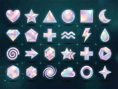 Holographic icons set including heart star triangle circle square moon and various geometric shapes on dark background with grid lines