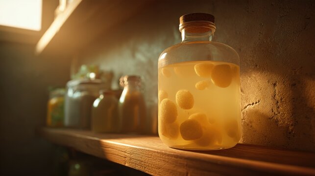 Glass jar of homemade kombucha with floating SCOBY visible on a wooden shelf with warm ambient lighting