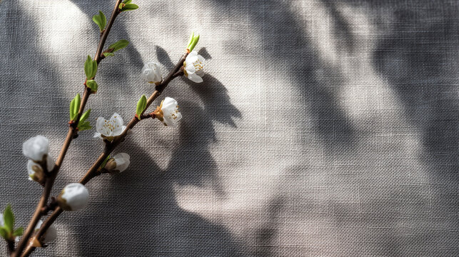 Minimal Spring Scene With Blossom Branch On Fabric, Shadows And Copy Space For Text Or Branding