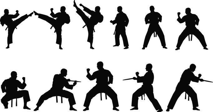Martial Arts Karate Fighter Silhouette Vector Set with Dynamic Kick Punch Stance and Weapon Poses