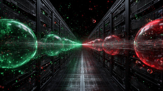 Black server racks, hub, glowing green and red holographic spheres. Dark tech background, neon contrast, volumetric light. Top copy space. 8K render. Cybersecurity product launch or website hero.