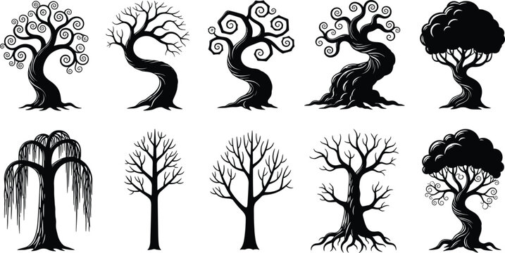 mystical, twisted, bare, willow, swirl, branches, roots, gnarled, spooky, enchanted, fantasy, magical, eerie, haunted, gothic, dark, halloween, fairytale, ancient, 