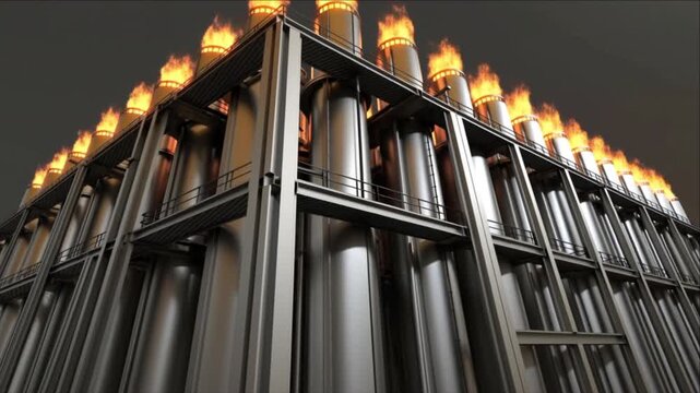 鋼鉄パイプにオレンジのフレアが点火する工業用プラントの製造