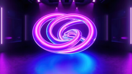 Fototapeta premium Neon rings illuminate dark room. Futuristic design with vibrant purple, blue glow. Minimalist stage setting creates dramatic effect.