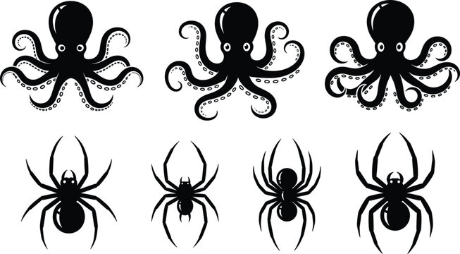Octopus and Spider Silhouette Vector Set with Tentacle Detail and Arachnid Leg Variations on White Background