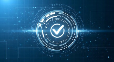 Fototapeta premium Cyber security authorization concept with glowing checkmark inside digital HUD interface and horizontal light beam on blue background