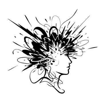 A black and white illustration of a person's head with abstract lines and shapes exploding from it.