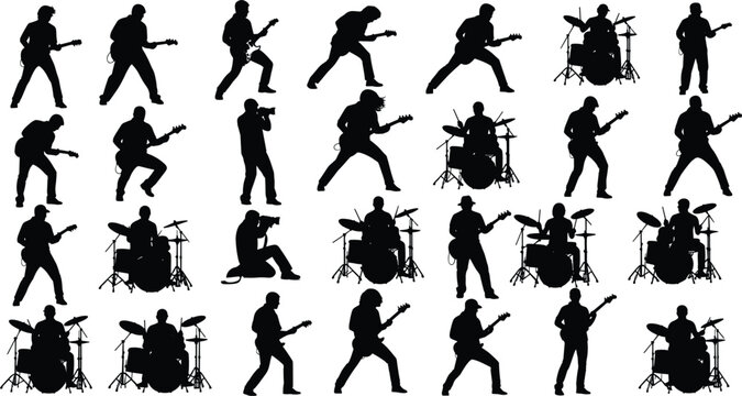 Rock Band Musician Silhouette Vector Set with Guitarist Drummer Singer and Dynamic Performance Stage Poses