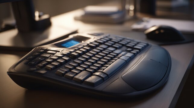 Ergonomic sculpted keyboard with blue display on a wooden desk