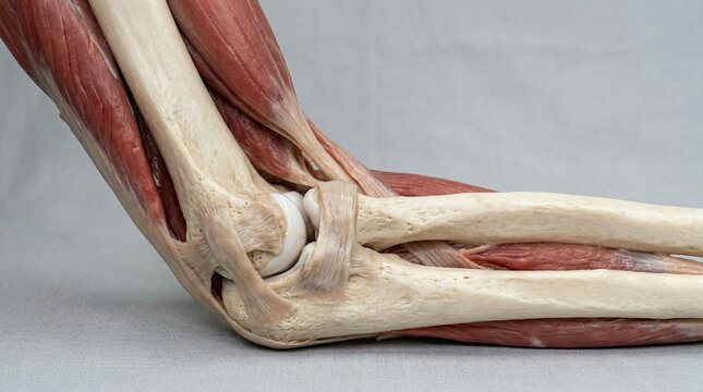 Side view of elbow joint with bones clearly visible in neutral position