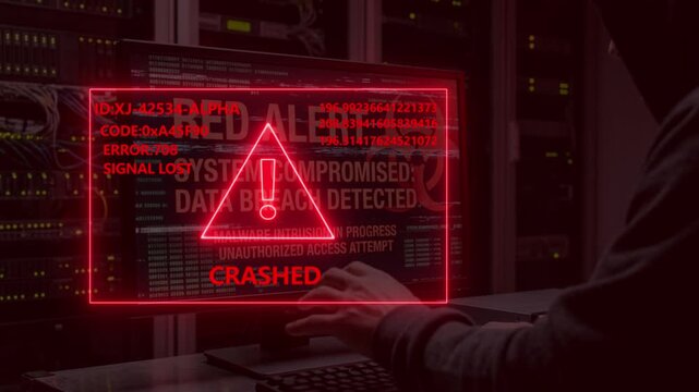 A motion of a hacker working on a computer showing a red alert error message in a dark server room
