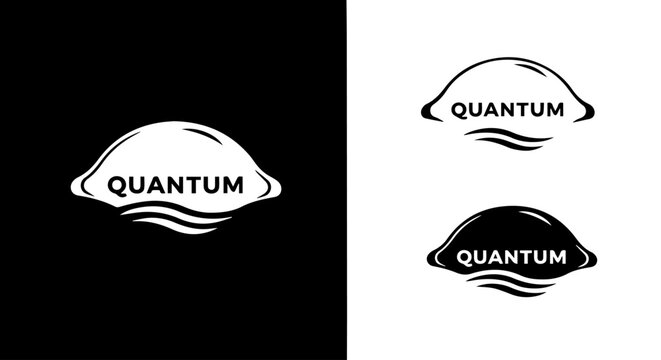 Quantum logo designs on black and white backgrounds with wave patterns