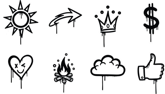 Urban Graffiti Spray Paint Street Art Vector Icon Set with Sun Crown Dollar Heart Fire Cloud and Thumbs Up Symbols