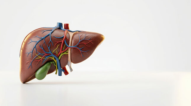 Liver anatomy organ gallbladder medical healthcare gastroenterologist hepatic model on white background with visible blood vessel and bile duct for education anatomy study clinical concept