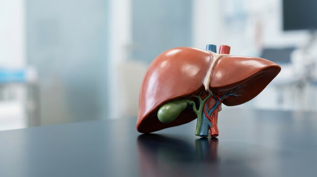 Liver gallbladder organ anatomy digestive medical model healthcare clinic hepatology gastroenterologist examine liver anatomy model with gallbladder clinic table for digestive healthcare education
