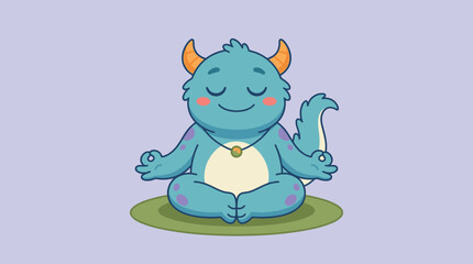 Obraz premium Cute Blue Monster Meditating in Lotus Position Adorable Character Vect