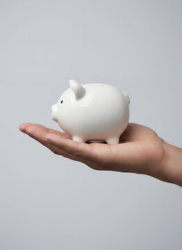 Piggy Bank in Hand on Light Gray Background, Saving Money Concept