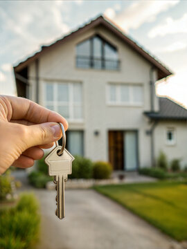 House Keys in Hand in Front of New Home, Real Estate Purchase Concept